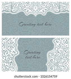 Set of elegant lace greeting blue vintage cards with graceful ornament. Design element for wedding invitation or announcement template, banner, postcard, save the date card. Vector illustration.