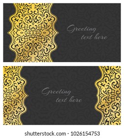 Set of elegant lace greeting gold vintage cards with graceful ornament. Design element for wedding invitation or announcement template, banner, postcard, save the date card. Vector illustration.