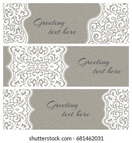 Set of elegant lace greeting gray vintage cards with graceful ornament. Design element for wedding invitation or announcement template, banner, postcard, save the date card. Vector illustration.