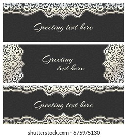 Set of elegant lace greeting silver vintage cards with graceful ornament. Design element for wedding invitation or announcement template, banner, postcard, save the date card. Vector illustration.