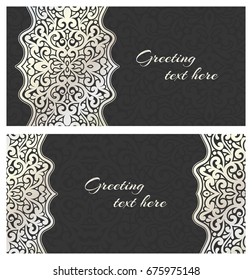 Set of elegant lace greeting silver vintage cards with graceful ornament. Design element for wedding invitation or announcement template, banner, postcard, save the date card. Vector illustration.