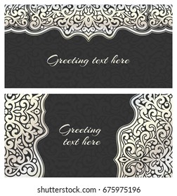 Set of elegant lace greeting silver vintage cards with graceful ornament. Design element for wedding invitation or announcement template, banner, postcard, save the date card. Vector illustration.
