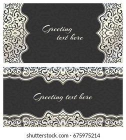 Set of elegant lace greeting silver vintage cards with graceful ornament. Design element for wedding invitation or announcement template, banner, postcard, save the date card. Vector illustration.