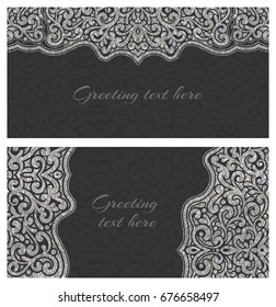 Set of elegant lace greeting silver vintage cards with graceful ornament. Design element for wedding invitation or announcement template, banner, postcard, save the date card. Vector illustration.