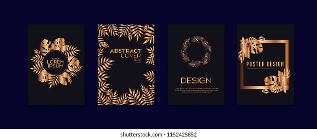 Set of elegant leaves brochure ,Wedding Invitation cards, card, background, cover. Black and golden texture. Geometric frame. Palm, exotic leaves. Eps10 vector.