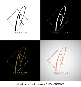 Establecer una elegante letra A D, negro, blanco, dorado y terracota plantilla de diseño de logotipo de escritura a mano con fondo de línea Rhombus