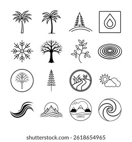 A Set of Elegant Line Art Representations of Trees, Plants, Water, Sun, Mountains, Snowflakes, and Natural Landscapes, Perfect for Eco-Friendly, Wellness, Outdoor, and Environmental Branding