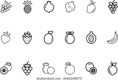 A set of elegant line icons depicting various fruits, presented in a clean vector style