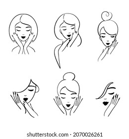 Set Of Elegant Line Logo For A Beauty Salon, Nail Studio. Woman Portrait With Hands. Black On White