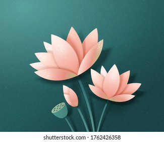 Set of elegant lotus flowers in beautiful paper art design, isolated on moss agate green background