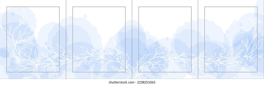 Set of elegant luxury blue watercolor background for Social Media Post, Banner, Carousel Template. Watercolor splash, flowers and silver frame. 5 vertical sections 4:5. Vector, eps10.