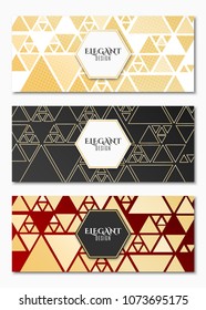 Set of elegant luxury cards for your design. Geometric design. Chaotic golden triangles. Greeting card. Geometric banners. Vector illustration. EPS 10