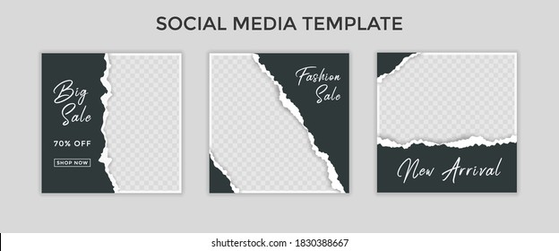 Set Of Elegant Luxury Fashion Social Media Post Template, Promo, Discount, Sale, Realistic Torn Paper Style