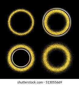 Set of elegant luxury gold textured frames on black background. Glitter round design template for banner, wedding invitation, greeting card, postcard, poster, border, certificate. Vector illustration