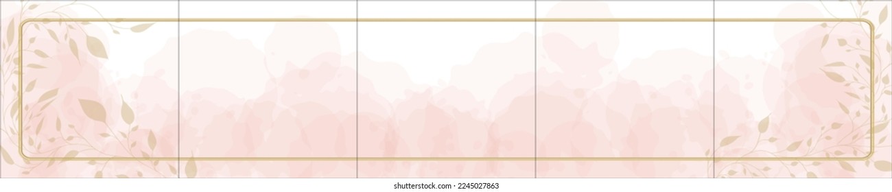 Set of elegant luxury pink watercolor background for Social Media Post, Banner, Microblog, Carousel Template. Watercolor splash and golden frame, leaves. 5 square sections 1:1. Vector.