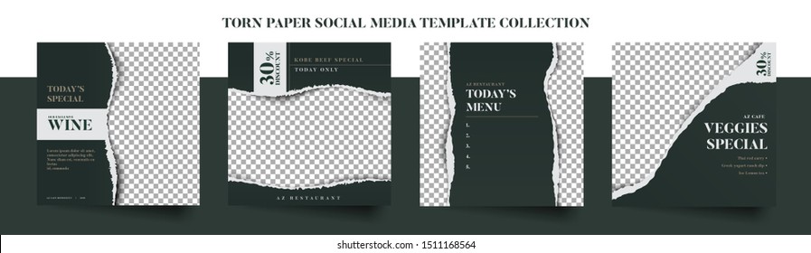 Set of elegant luxury restaurant culinary social media post template, promo, discount, sale, realistic torn paper style