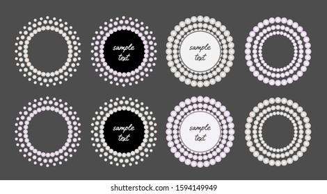 Set of elegant luxury round white and pink pearls compositions. Classical round frames for card, invitation, banner, poster, certificate, voucher. Vector illustration