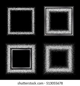 Set of elegant luxury silver textured frames on black background. Glitter square template for banner, wedding invitation, greeting card, postcard, poster, border, certificate. Vector illustration