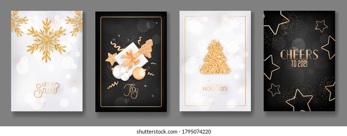 Set of Elegant Merry Christmas and Happy New Year 2021 Invitation, Flyer, Brochure or Cover Design. Greeting Cards with Shining Gold Glitter, Xmas Tree, Stars and Snowflakes. Vector Illustration