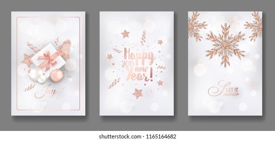 Set of Elegant Merry Christmas and New Year 2019 Cards with Shining Rose Gold Glitter Christmas Balls, Stars, Snowflakes for greetings, invitation, flyer, brochure, cover in vector svg