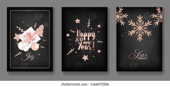 Set of Elegant Merry Christmas and New Year 2019 Cards with Shining Rose Gold Glitter Xmas Balls, Stars, Snowflakes for greetings, invitation, flyer, brochure, cover in vector