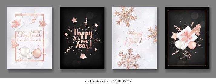 Set of Elegant Merry Christmas and New Year 2019 Cards with Shining Rose Gold Glitter Christmas Balls, Stars, Snowflakes for greetings, invitation, flyer, brochure, cover in vector