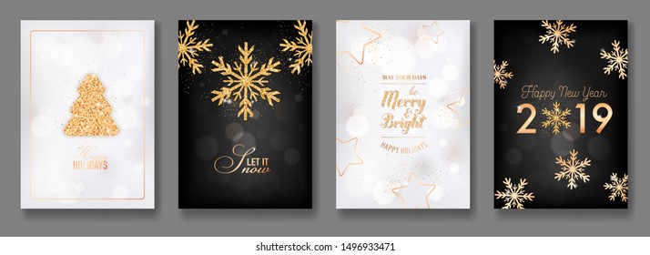 Set of Elegant Merry Christmas and New Year 2019 Cards with Shining Rose Gold Glitter Christmas Balls, Stars, Snowflakes for greetings, invitation, flyer, brochure, cover in vector