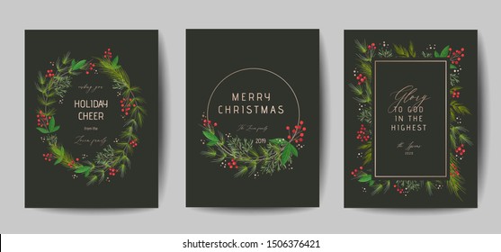 Set of Elegant Merry Christmas and New Year 2020 Cards with Pine Wreath, Mistletoe, Winter plants design illustration for greetings, invitation 2019, flyer, brochure, cover in vector