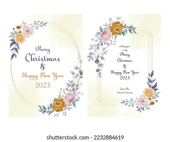 Set of Elegant Merry Christmas and New Year 2023 Cards with Pine Wreath, Mistletoe, Winter plants design illustration for greetings, invitation 2023, flyer, brochure, cover in vector