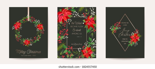 Set of Elegant Merry Christmas, Vector New Year 2021 Cards with Poinsettia Flower, Holly Berry, Mistletoe, Winter floral plants design illustration, greetings, invitation 2020, flyer, brochure, cover