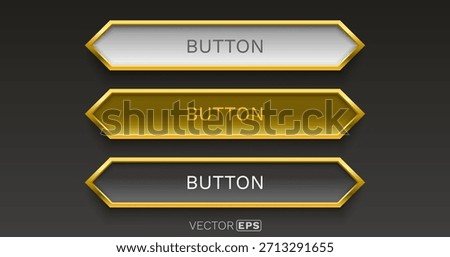 Set of elegant metallic buttons with golden frames. Ideal for web design, UI, or luxury interface elements. Vector illustration