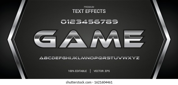 Set of Elegant Metallic silver Colored Metal Chrome alphabet font. Game Typography 