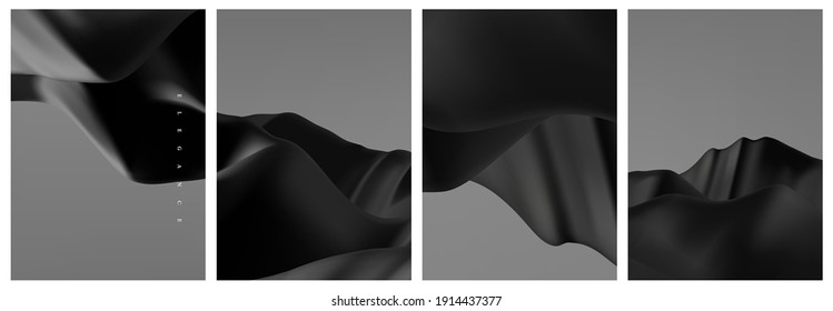 Set of elegant minimal abstract dynamic black and white wavy terrain cover, card, background vector template