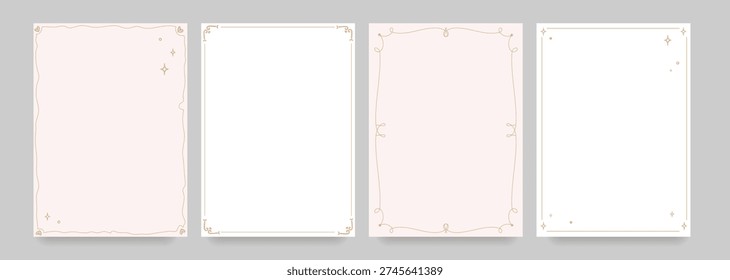 Set of elegant minimalist decorative frames with thin gold line borders with ornamental vintage inspired details for wedding invitations certificates branding templates and luxury stationery.Vector