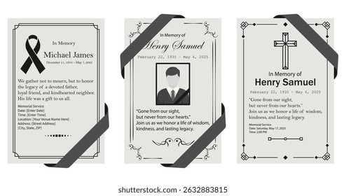 A set of elegant and minimalist funeral or memorial card templates featuring black ribbons, symbolic illustrations, and customizable text. Ideal for memory in printed or digital funeral programs.