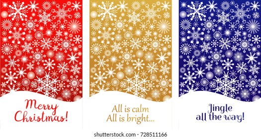 Set of elegant minimalistic christmas greeting cards. White snowflakes on red golden blue background. 