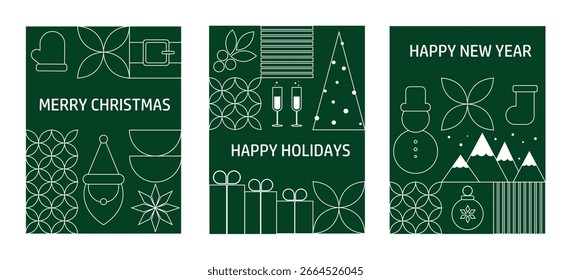 Conjunto de tarjetas de felicitación minimalistas elegantes para Navidades alegres y año Nuevo. Anuncios de Navidades de mosaico con iconos tradicionales. Vector