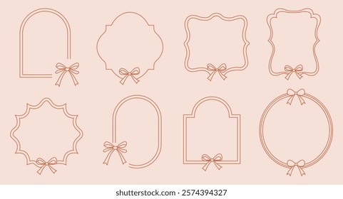 A set of elegant, minimalistic, hand-drawn frame designs featuring soft, wavy borders and decorative bows. Each frame is unique, with variations in shapes including rectangular, oval