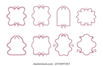 A set of elegant, minimalistic, hand-drawn frame designs featuring soft, wavy borders and decorative bows. Each frame is unique, with variations in shapes including rectangular arched outlines
