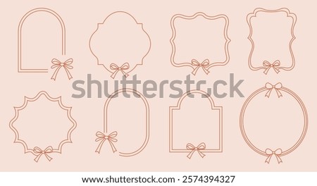 A set of elegant, minimalistic, hand-drawn frame designs featuring soft, wavy borders and decorative bows. Each frame is unique, with variations in shapes including rectangular, oval