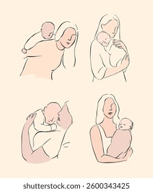 A set of elegant, minimalistic illustrations of mothers holding, hugging, and embracing their babies