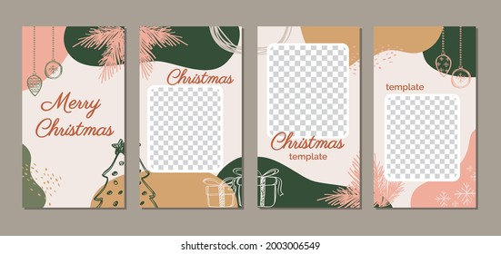 Set of Elegant Modern Merry Christmas Trendy Holiday design for social media post, mobile apps, banner, web, internet ads. Vector abstract design, vertical social stories