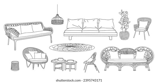 Conjunto de elegantes iconos vectoriales de muebles de patio moderno