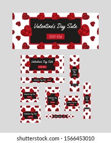 Set of elegant modern Valentine's day banners. Romantic digital templates of different sizes with red polygonal hearts and sample text. Vector illustration