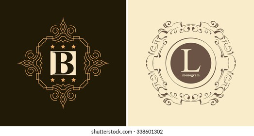 Set the elegant monogram design template. Luxury calligraphic emblem frame ornament. Line logo design. Vector illustration good for Boutique, Restaurant, Cafe, Heraldic, Hotel, Fashion, Jewelry.