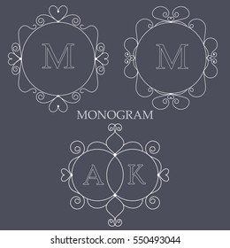 Set of elegant monogram templates with heart shapes design template for one or two letters