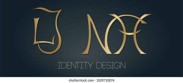 Set of elegant monograms with golden letters LJ and NH on dark background for logotype design and branding