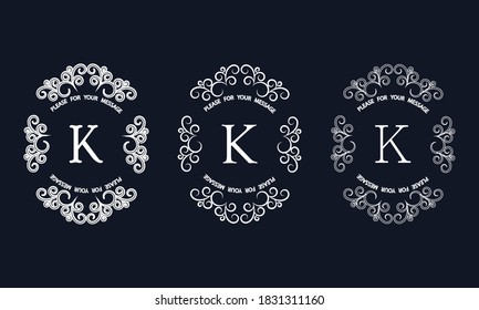 Set of elegant monograms with letter K. Exquisite ornament, logo, invitation template, label, business.