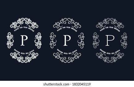Set of elegant monograms with letter P. Exquisite ornament, logo, invitation template, label, business.