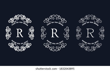 Set of elegant monograms with letter R. Exquisite ornament, logo, invitation template, label, business.